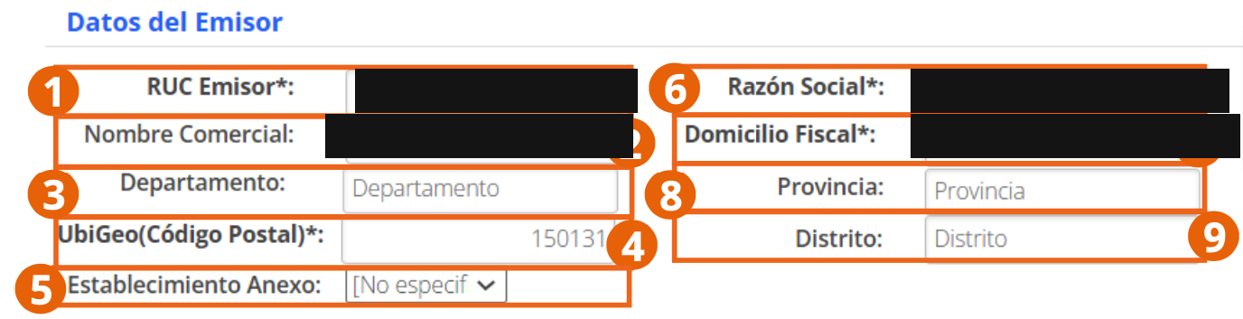 Sección Datos del Emisor del formulario de emisión