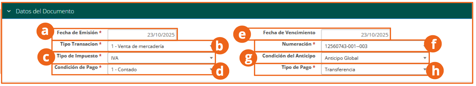 Sección Datos del Documento del formulario de factura electrónica