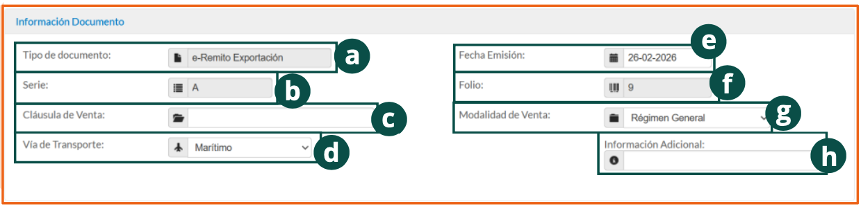 Sección Información Documento del formulario de emisión de e-Remito Exportación