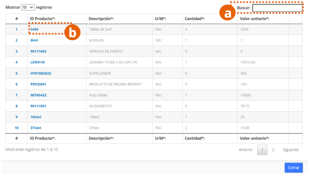 Modal de búsqueda de productos registrados