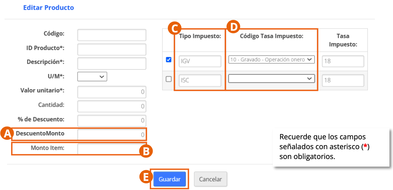 Modal de edición de línea de detalle con impuestos