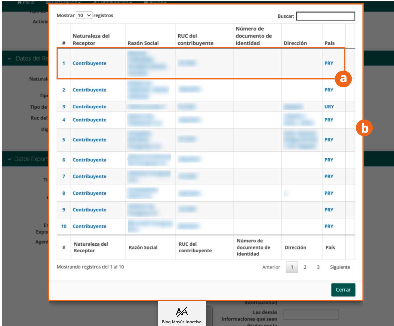Lista de clientes registrados con su razón social y RUC