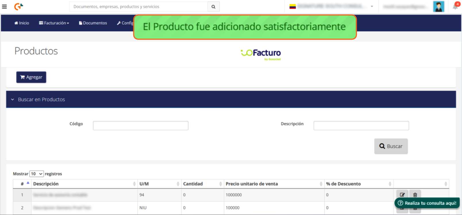 Notificación de producto adicionado satisfactoriamente