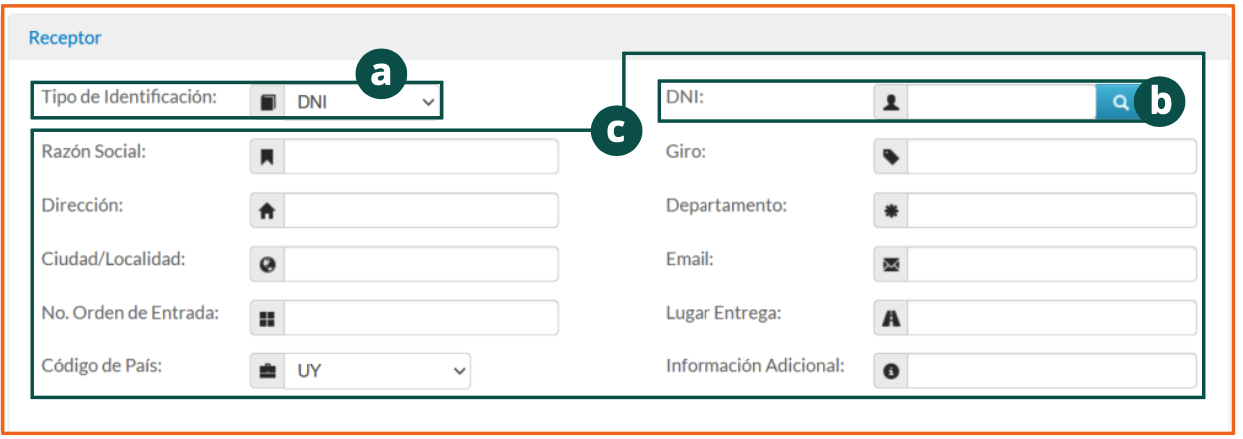 Sección Receptor del formulario de emisión con el tipo de identificación y el botón de búsqueda