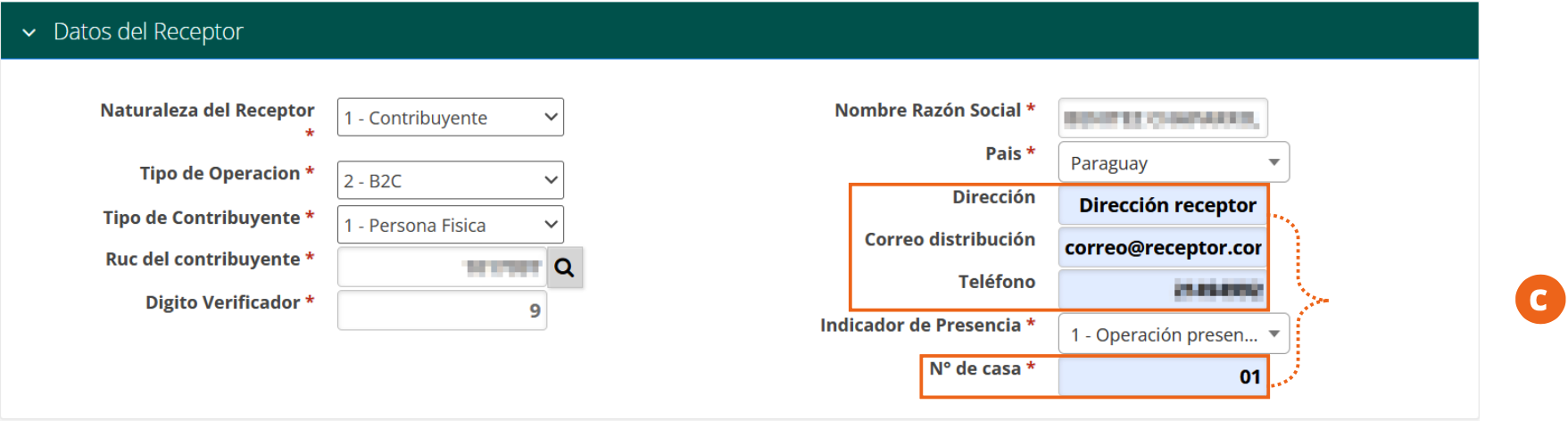 Sección Datos del Receptor con los datos del cliente cargados