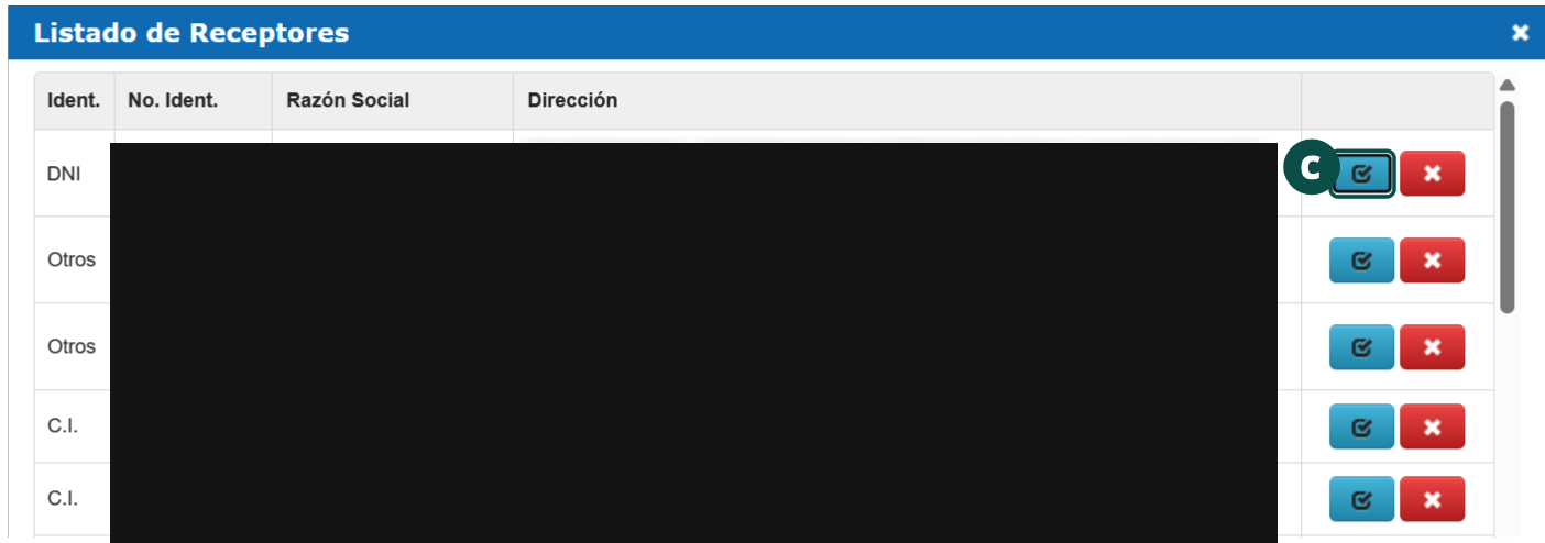 Ventana Listado de Receptores con los clientes registrados y sus botones de selección