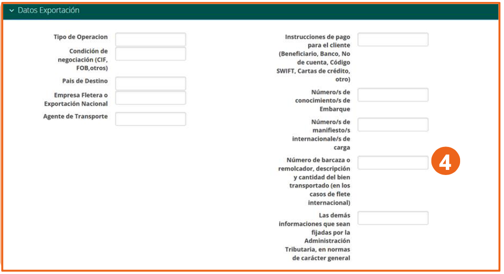 Sección Datos Exportación del formulario de factura electrónica