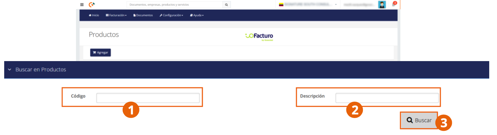 Filtros de búsqueda de la pantalla Productos