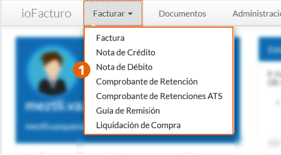 Menú Facturar con los tipos de documento disponibles