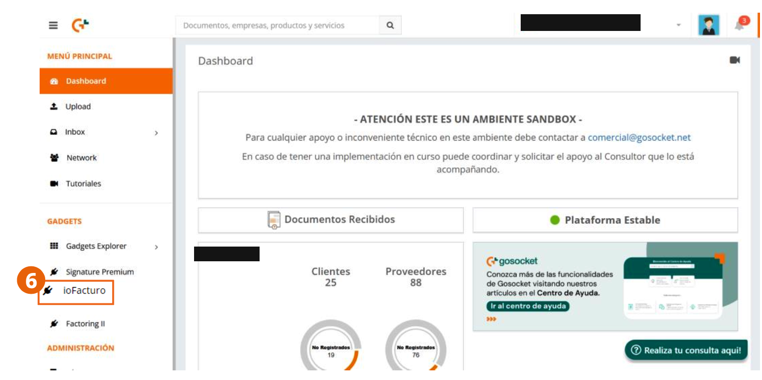 Sección Gadgets de la plataforma Gosocket con el gadget de ioFacturo