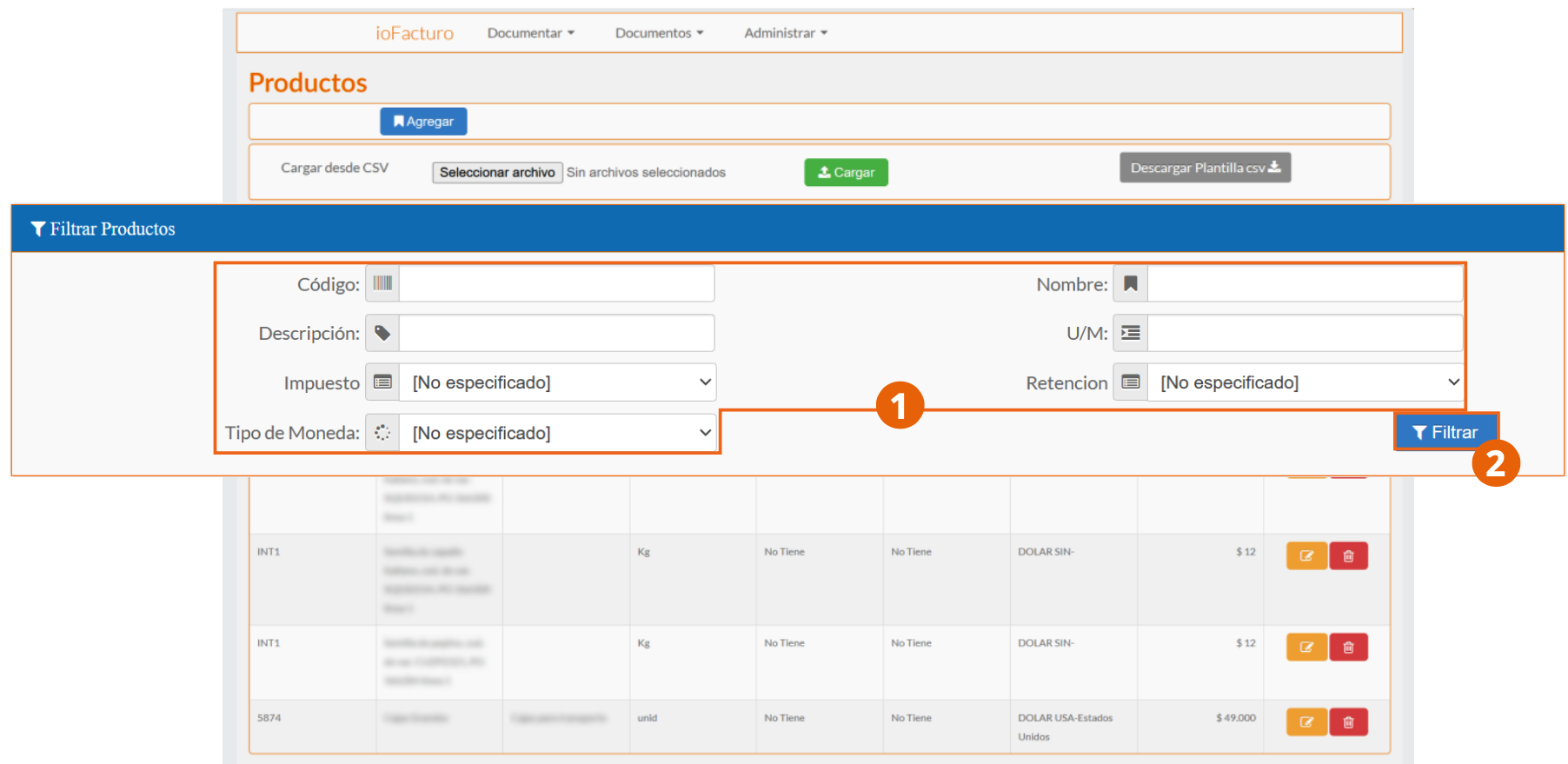 Filtros de búsqueda del catálogo de productos