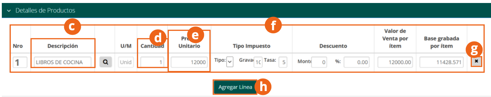 Línea de detalle con los datos del producto cargados en el formulario