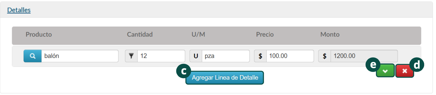 Línea de detalle con los datos del producto seleccionado