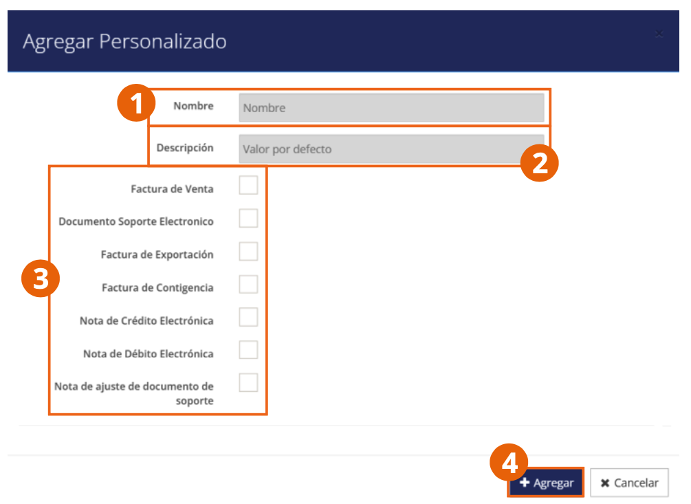Formulario Agregar Personalizado con las casillas por tipo de documento