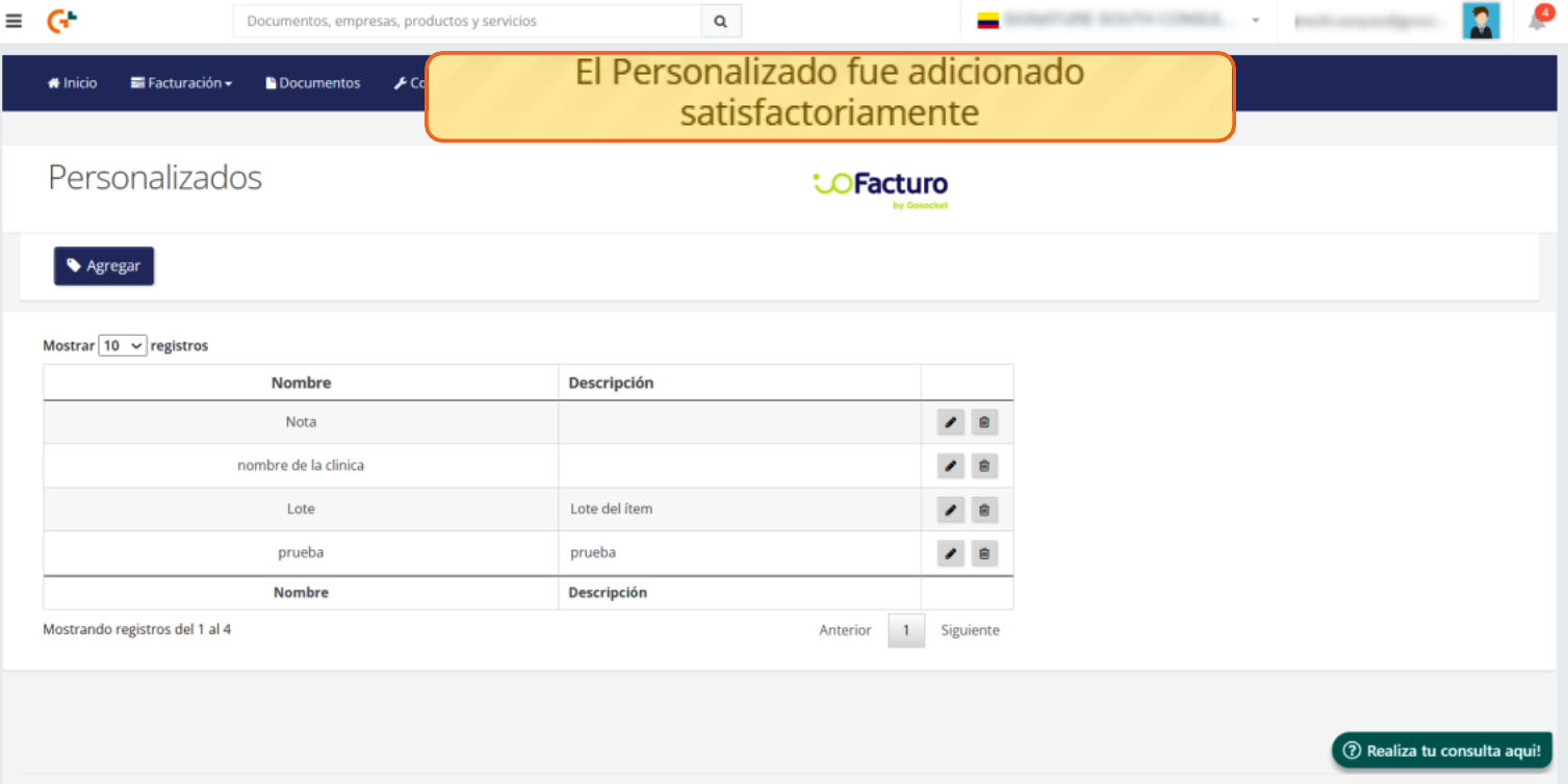 Notificación de campo personalizado adicionado satisfactoriamente