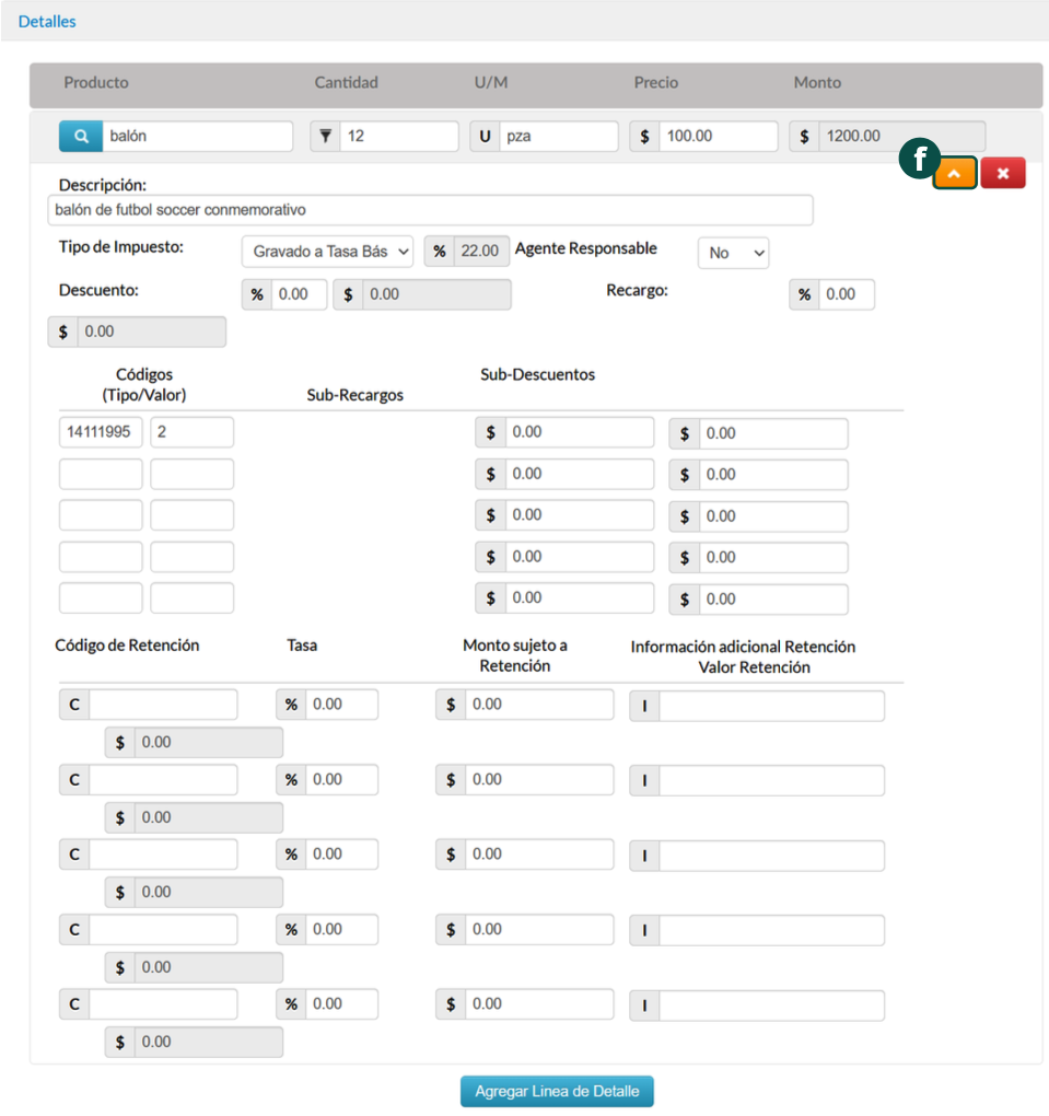 Detalle expandido del producto con tipo de impuesto, descuentos, recargos, códigos y retenciones