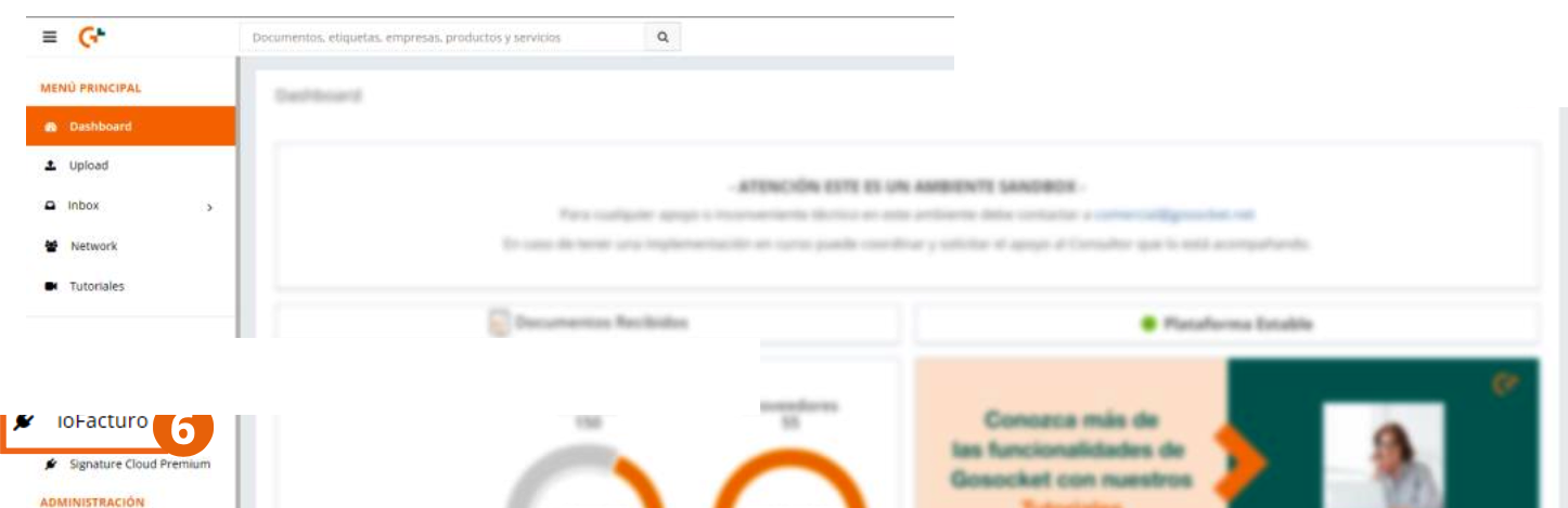Plataforma Gosocket con el gadget de ioFacturo en el menú lateral
