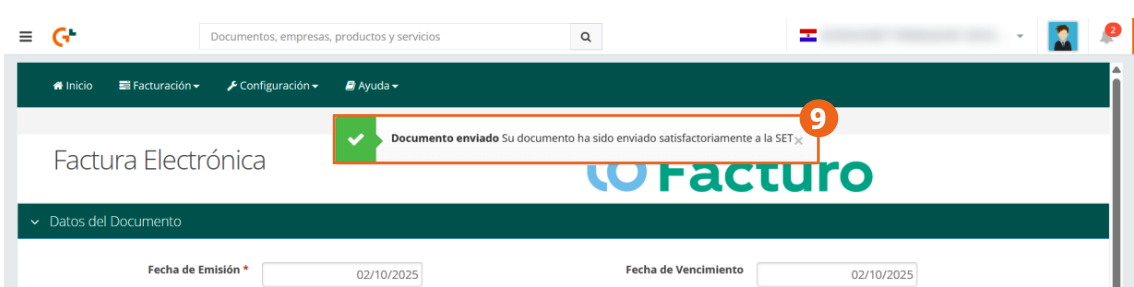 Mensaje de confirmación de documento enviado satisfactoriamente