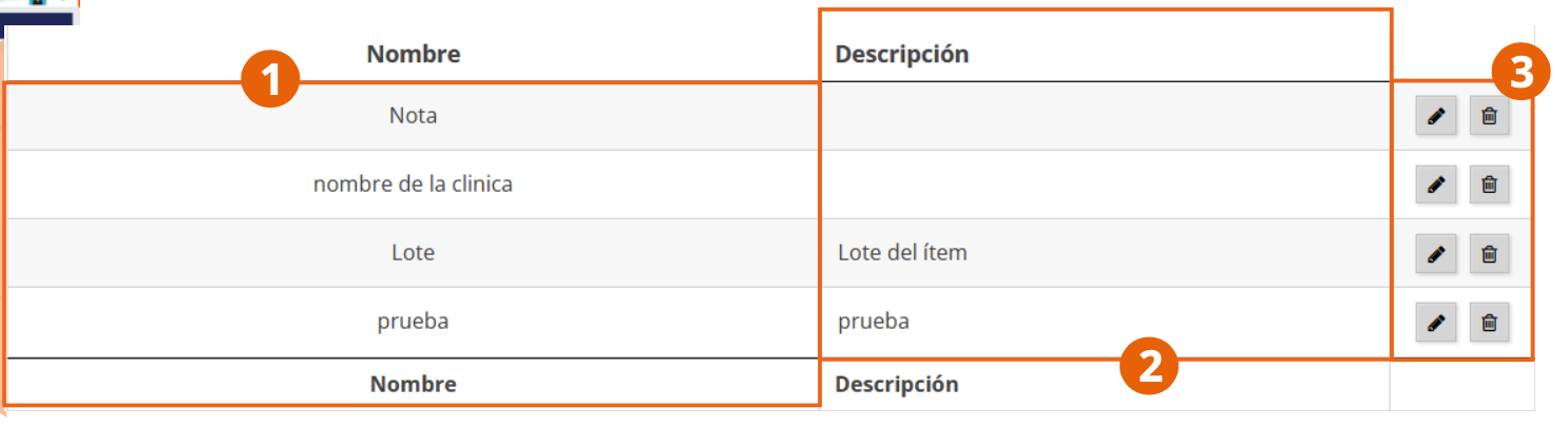 Listado de campos personalizados con sus columnas