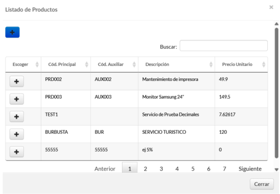 Ventana Listado de Productos para seleccionar un producto registrado
