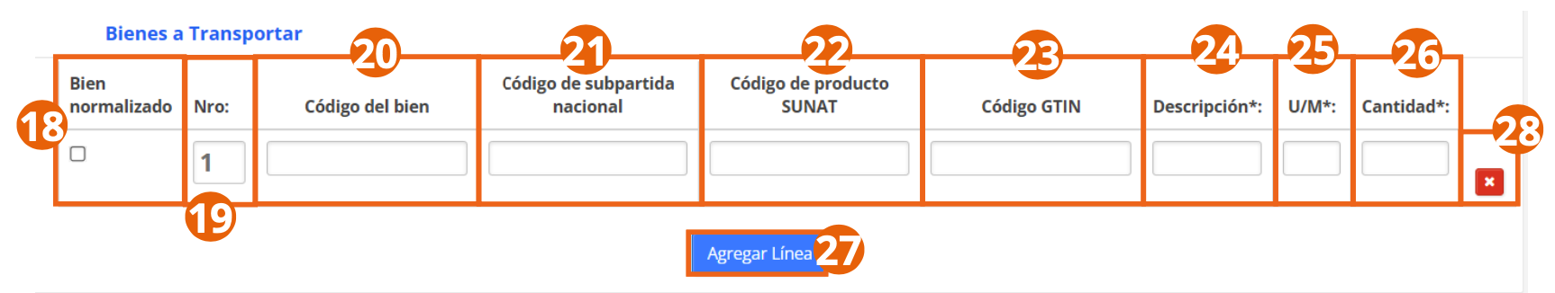 Sección Bienes a Transportar de la Guía de Remisión