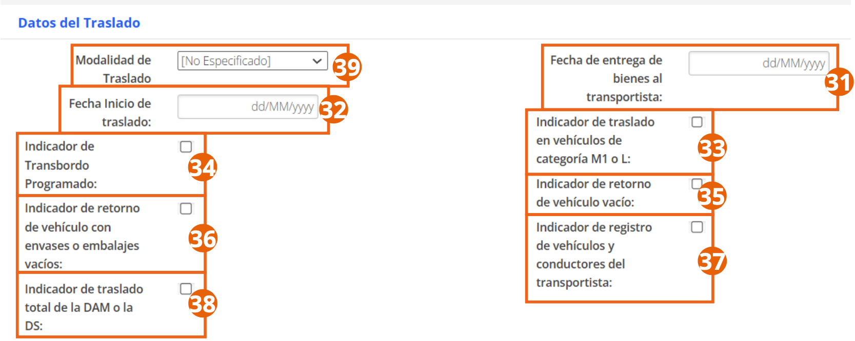 Sección Datos del Traslado