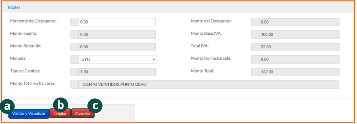 Sección Totales del formulario con la sumatoria del documento y los botones Validar y Visualizar, Limpiar y Cancelar