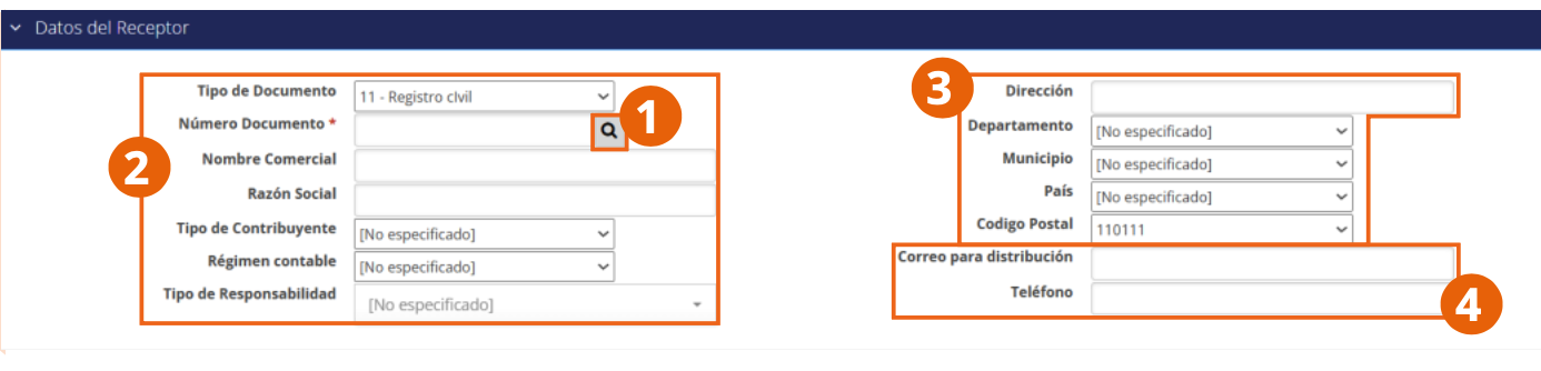Sección Datos del Receptor del formulario de emisión