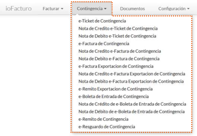 Menú Contingencia con los tipos de documento de contingencia disponibles