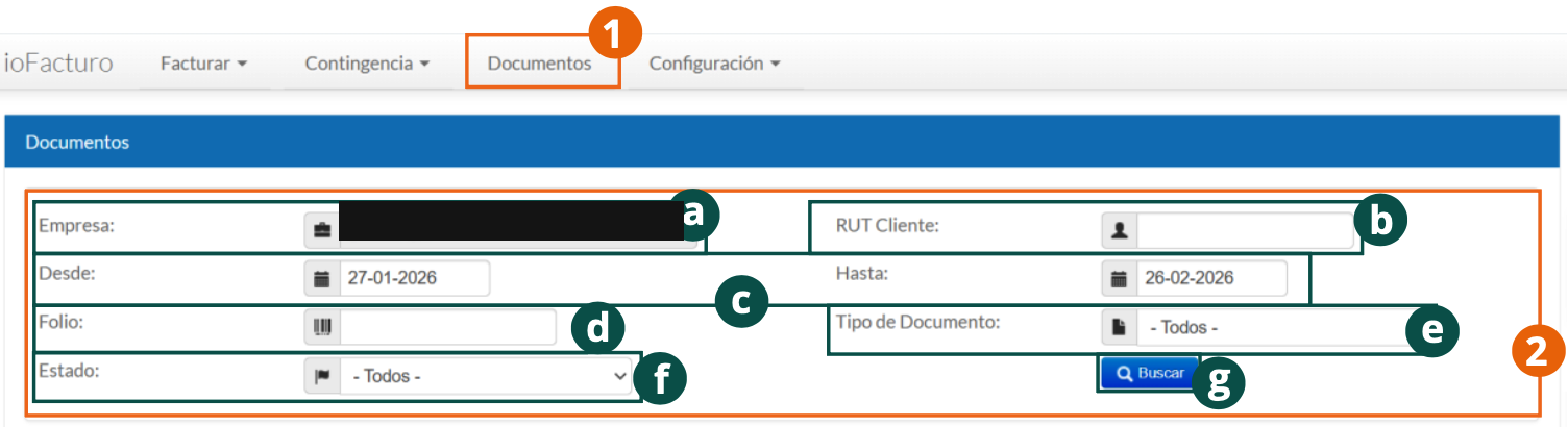 Filtros del módulo Documentos: empresa, RUT del cliente, periodo, folio, tipo de documento y estado