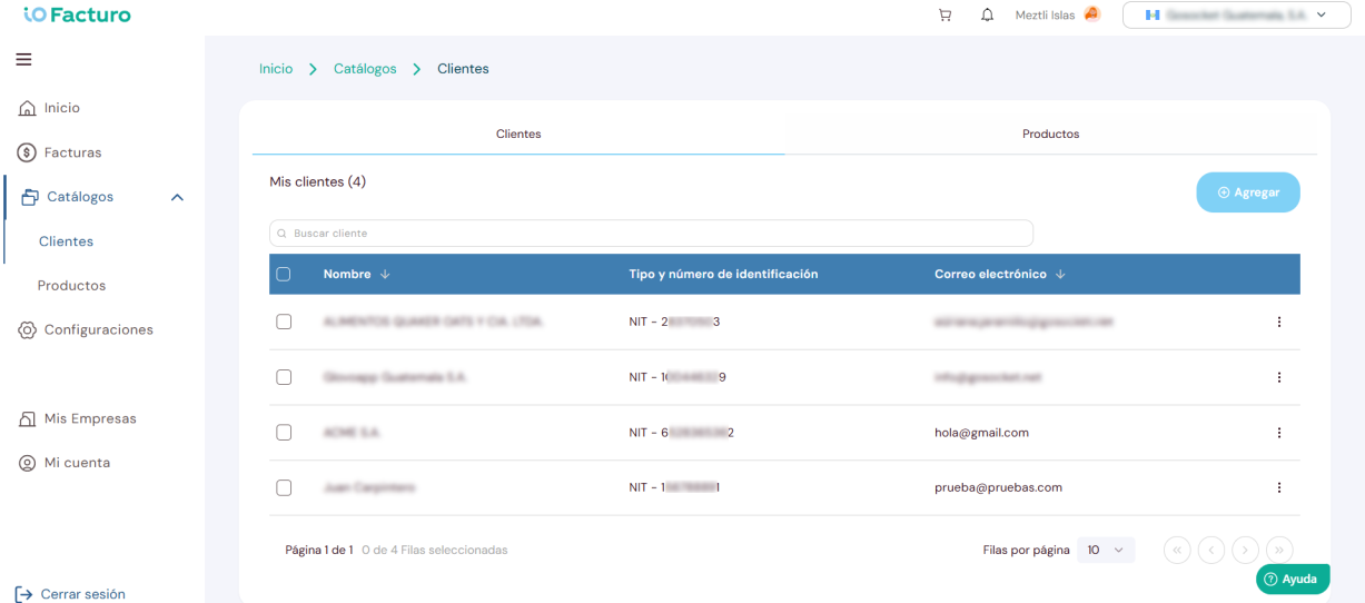 Módulo de catálogos — clientes registrados