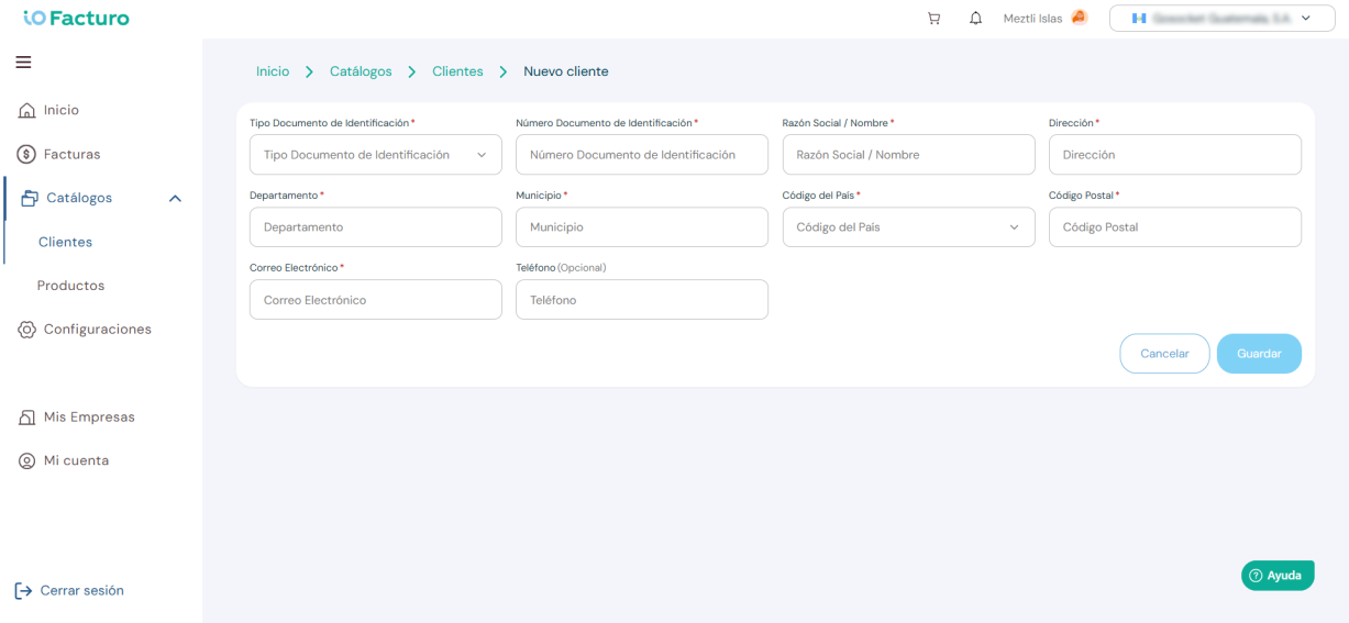 Formulario de registro de nuevo cliente