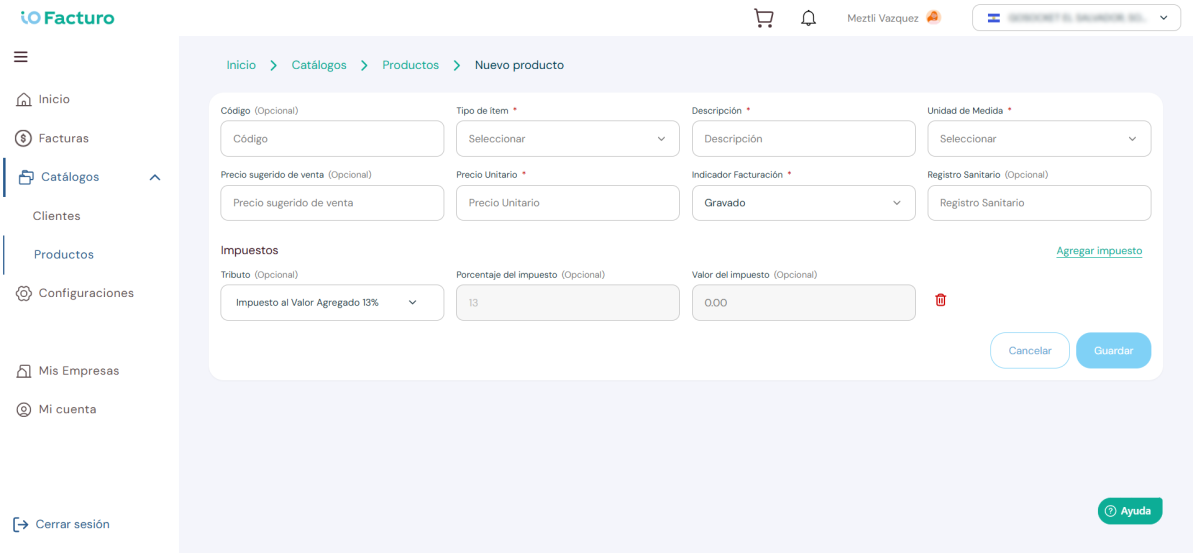 Formulario de registro de nuevo producto