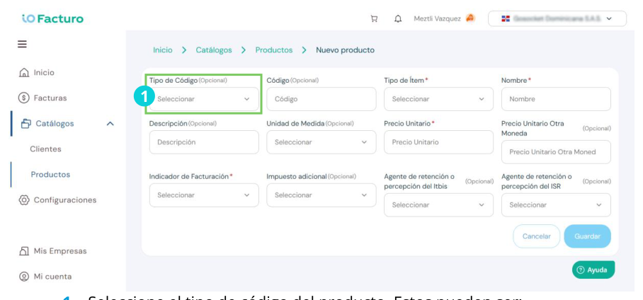 Formulario de registro de nuevo producto