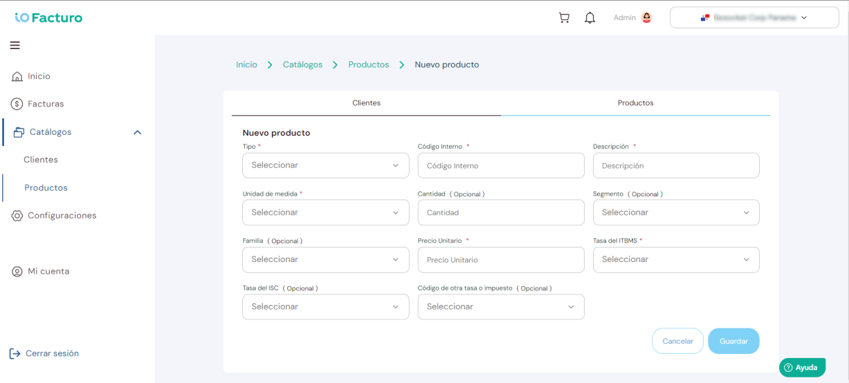 Formulario de registro de nuevo producto