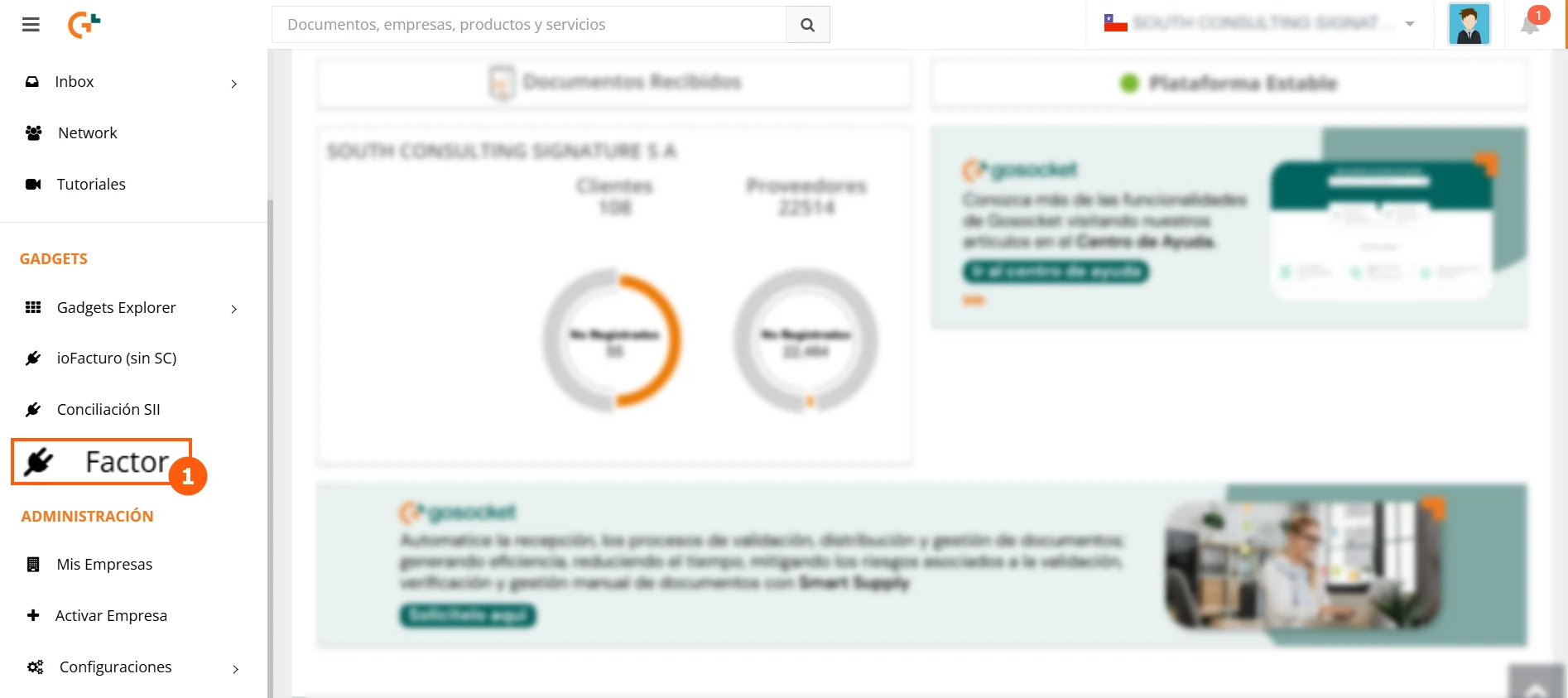 Menú Gadgets del portal con Factor destacado