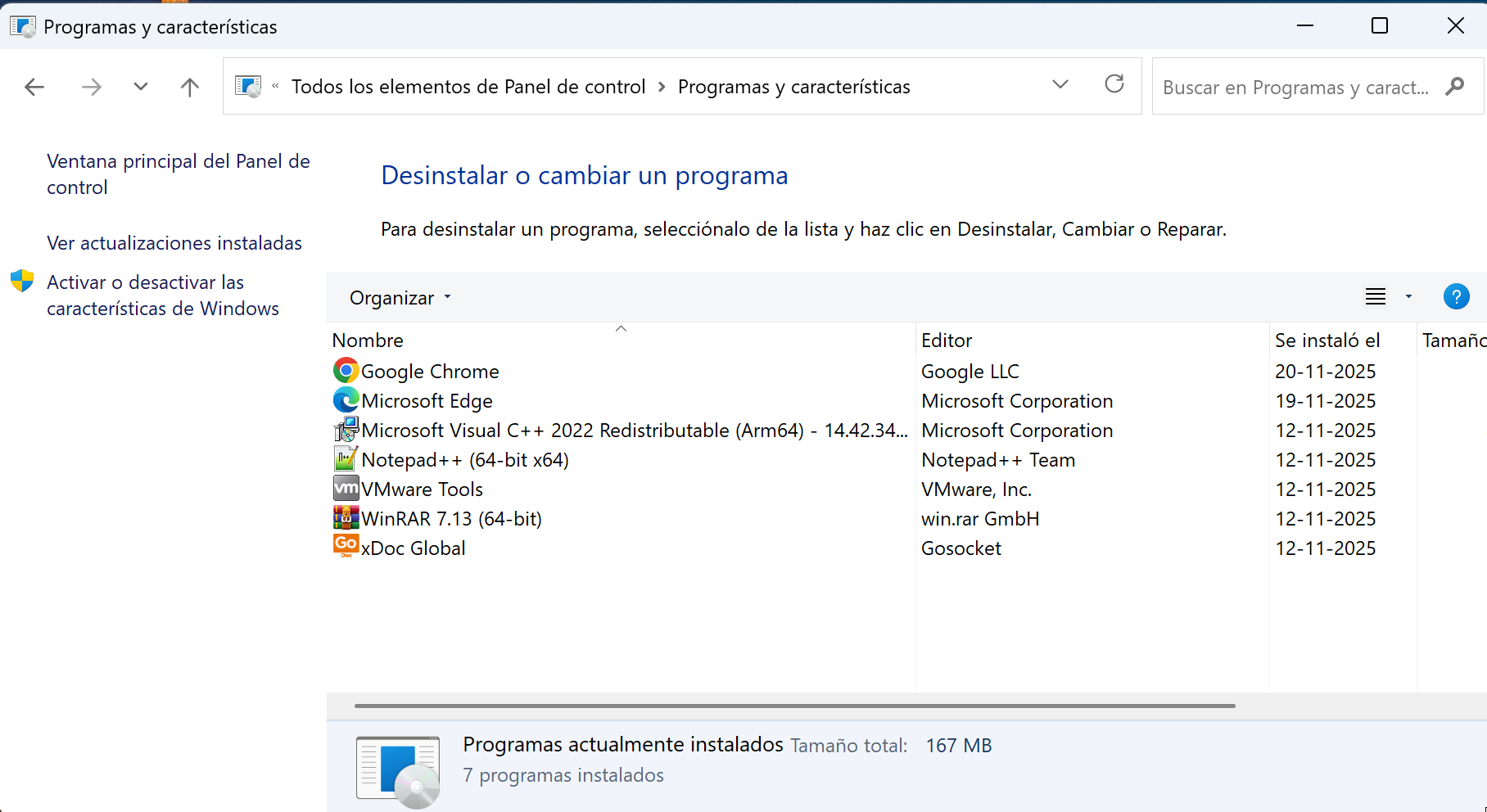 Panel de control, Programas y características