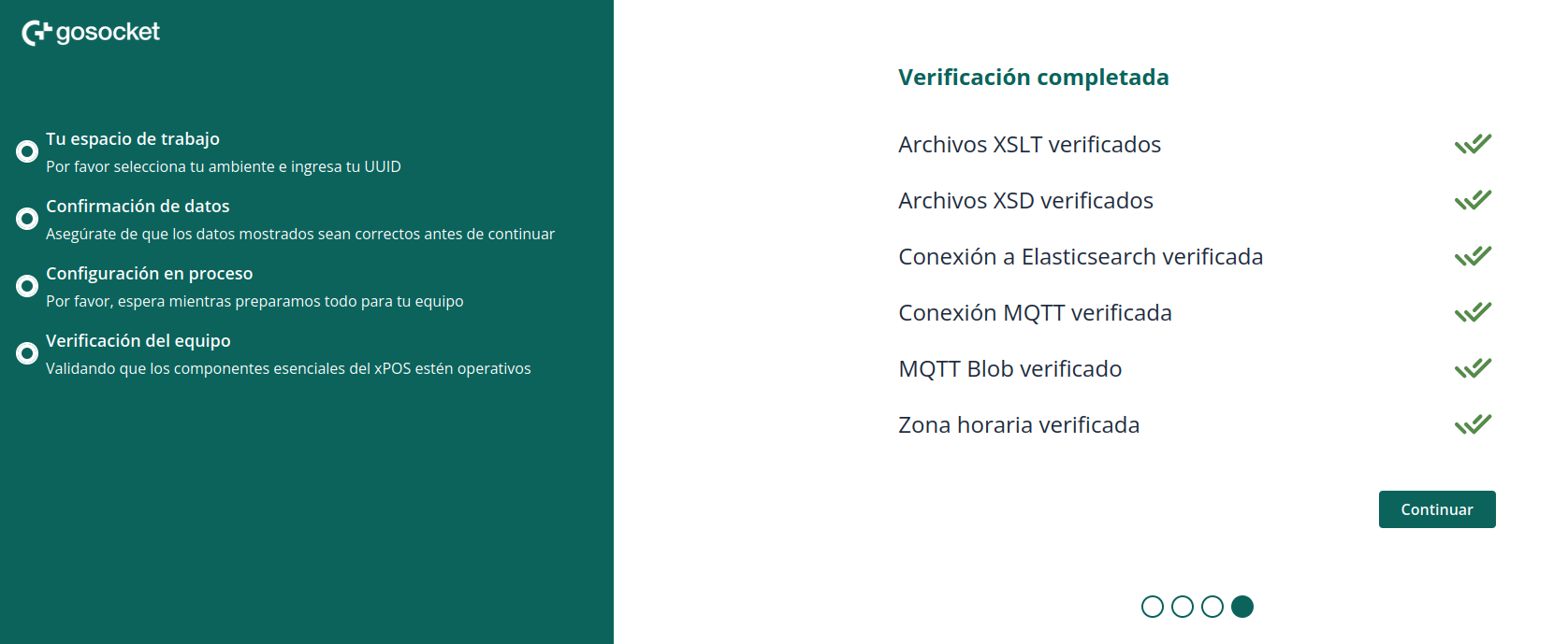 Paso de verificación del equipo con las seis comprobaciones superadas