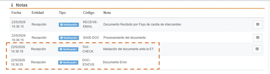 Document detail, Notes section - Document validation with communication error