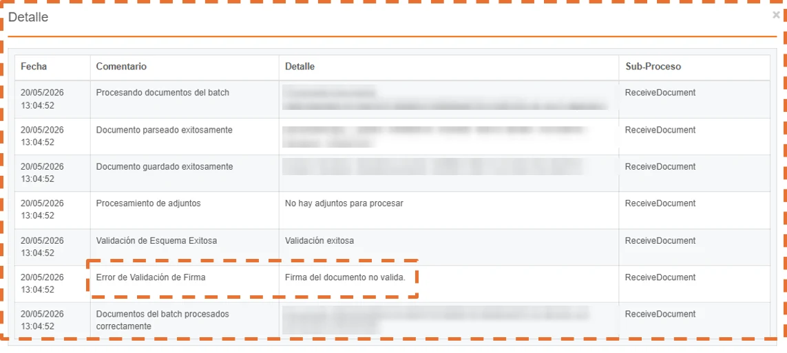 Detail of the XML processing for the signature error