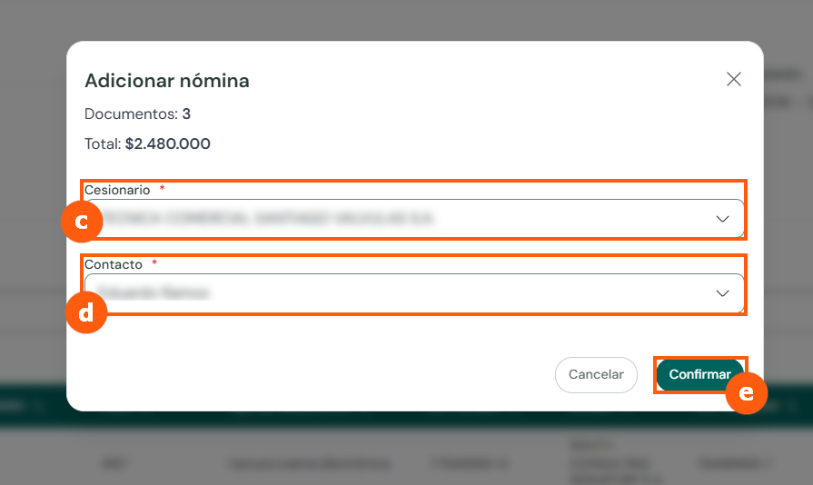 Add to assignment list window with assignee and contact