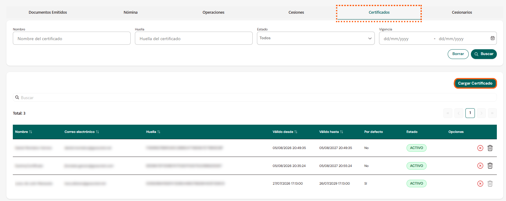 Certificates tab within the portal