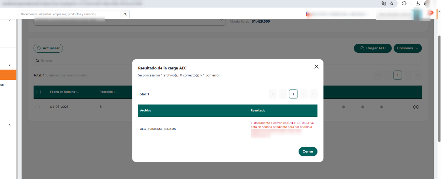 Message when trying to upload the same AEC again