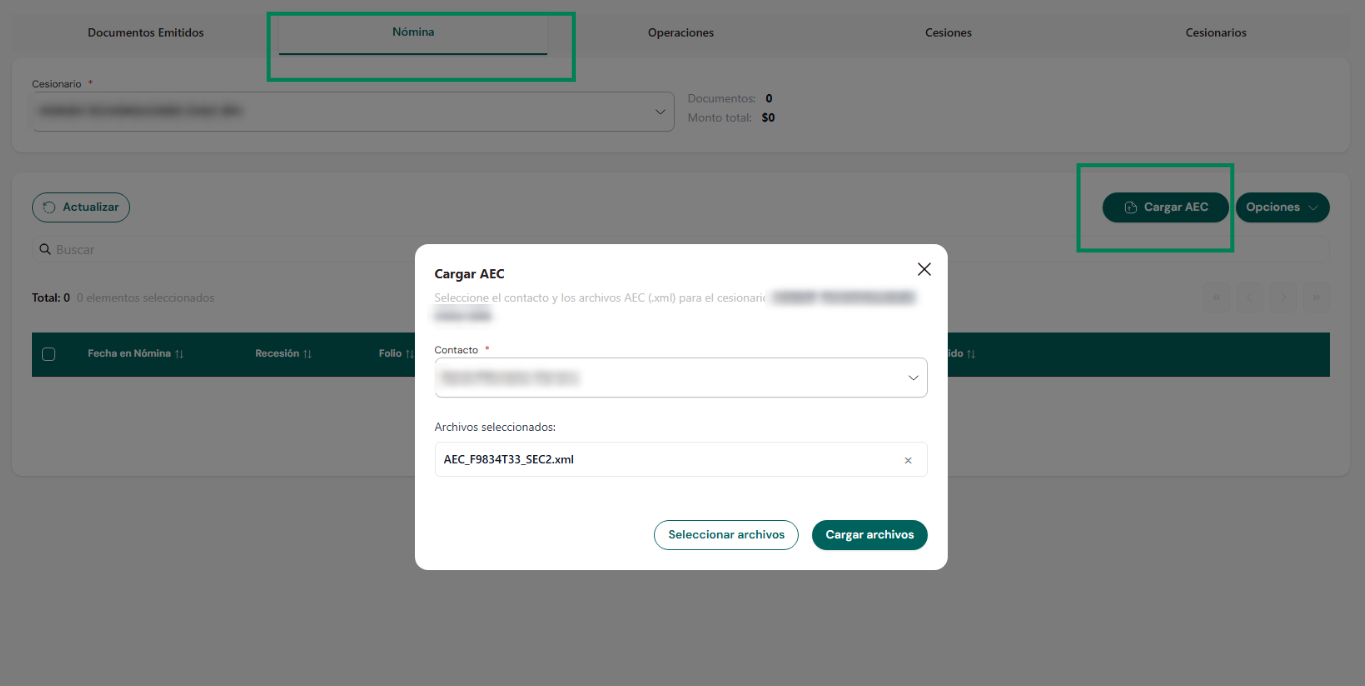 Upload AEC window in the Assignment list tab