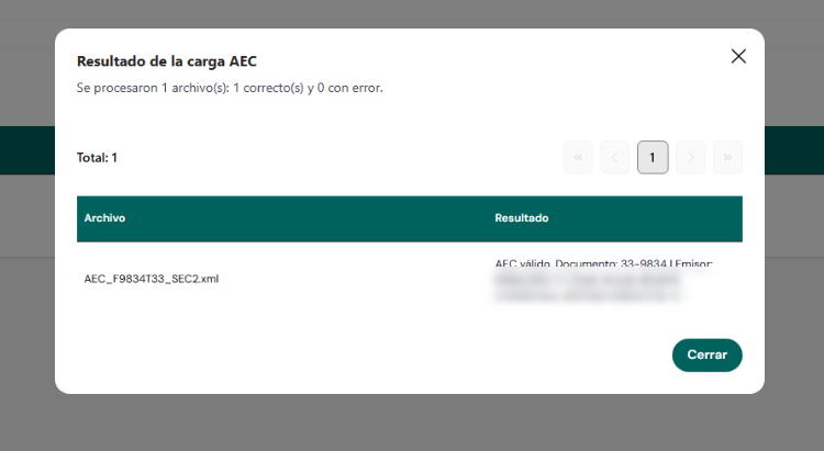 Result of uploading a valid AEC