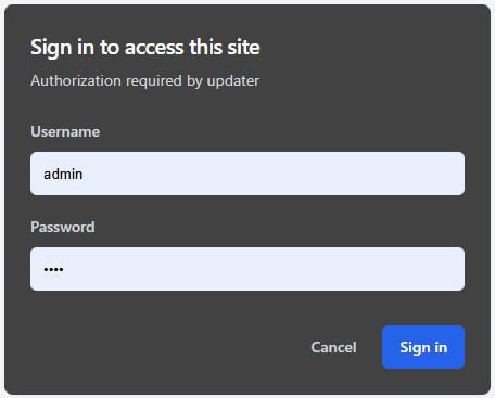 Updater dashboard sign-in screen