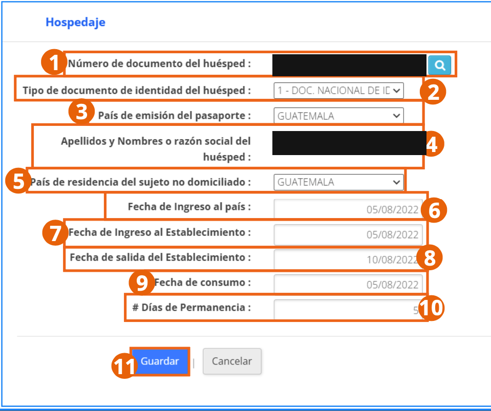 Lodging form with the guest's data