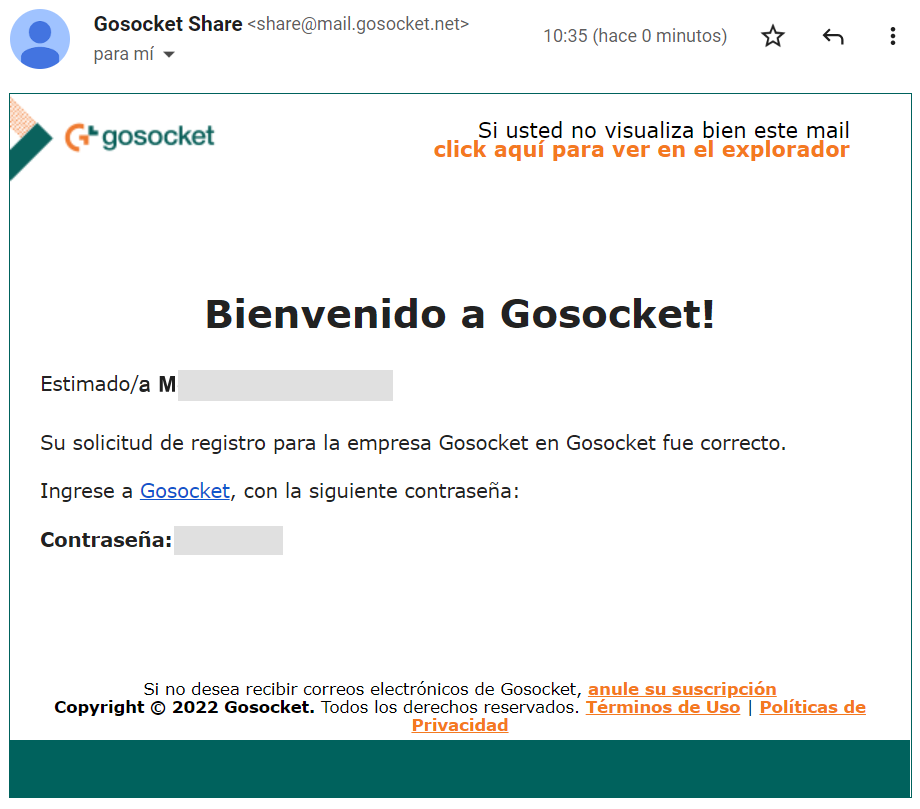 Registration notification email with the assigned password