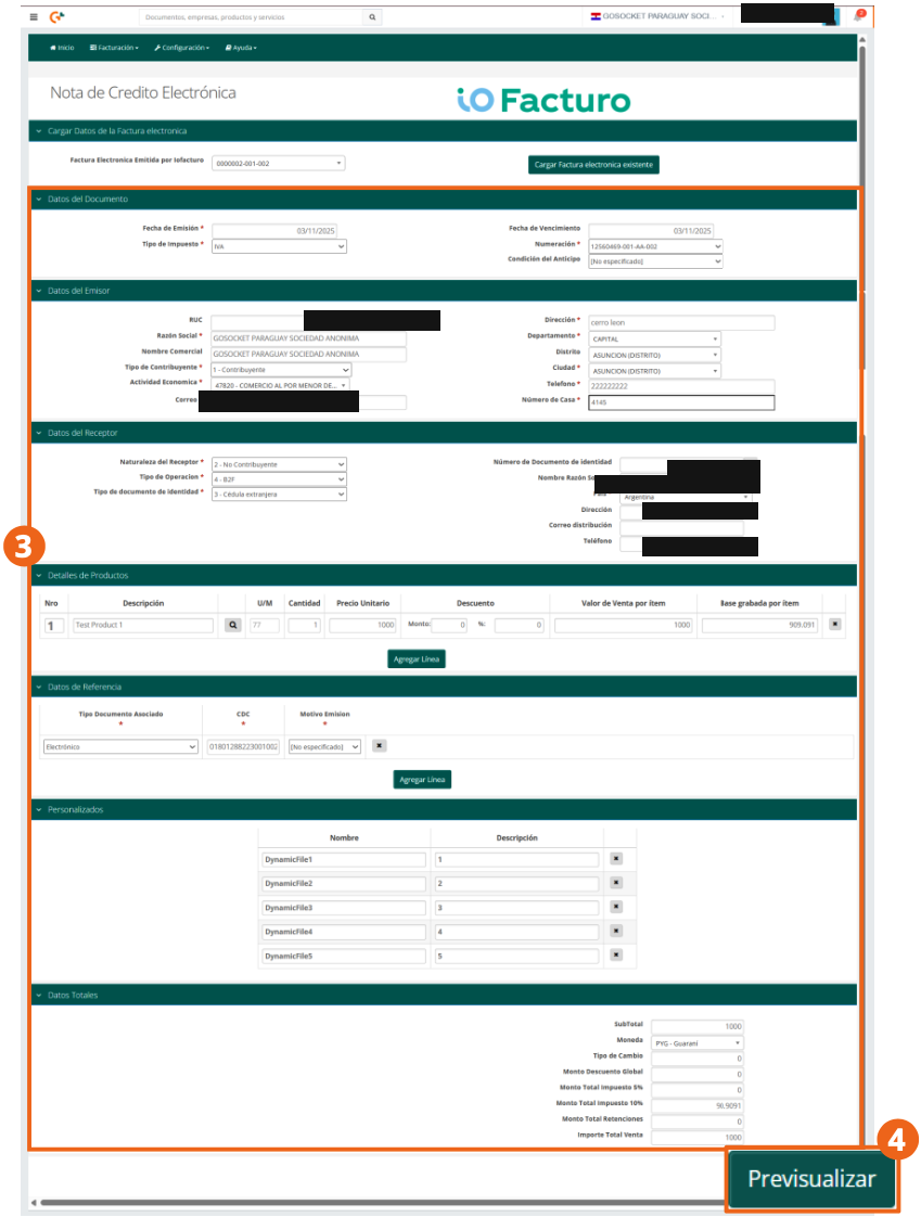 Complete electronic credit note form with its sections