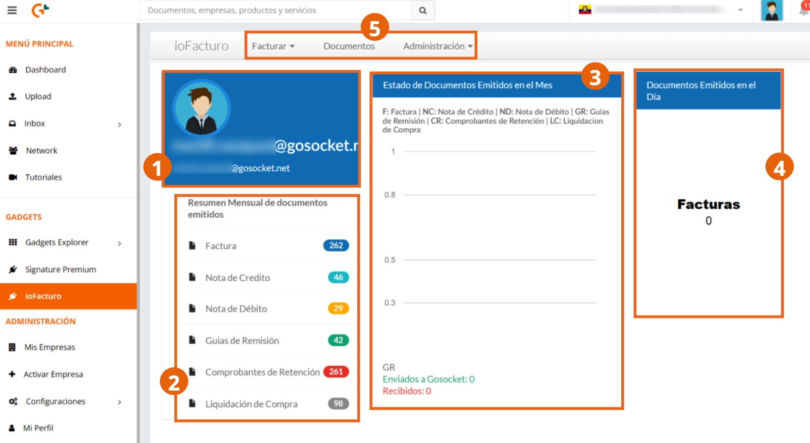 ioFacturo main dashboard with document statistics and main menu